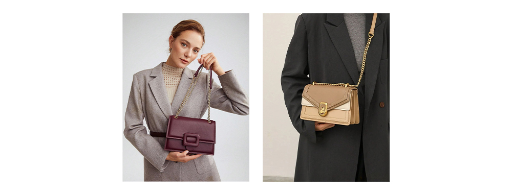 Display of handbag with long shoulder strap handle Display of handbag with long shoulder strap handle