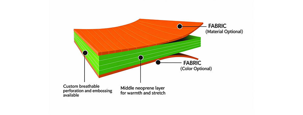 The image displays the sandwich structure of neoprene rubber fabric The image displays the sandwich structure of neoprene rubber fabric